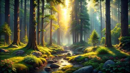 Obraz premium Misty morning sunlight filters through a canopy of golden autumn leaves in a serene woodland path