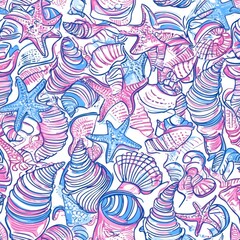 Pink and blue seashells and starfish seamless pattern.