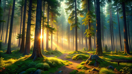 Obraz premium Misty morning sunlight filters through a canopy of golden autumn leaves in a serene woodland path