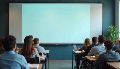 Students attend class session in modern hybrid classroom. Students in person at desks others attend remotely on large screen. Learning environment blended. Space for text available in center of room.