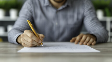 person filling out tax return document with pencil and pen on wooden table. background features greenery, creating calm atmosphere