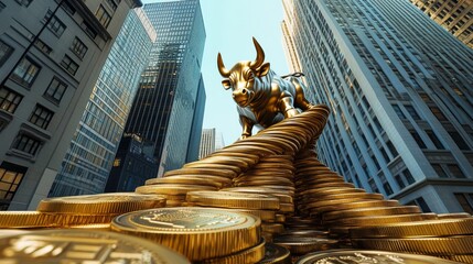 Photorealistic, ultra detailed image of gold coins forming a bridge across Wall Street