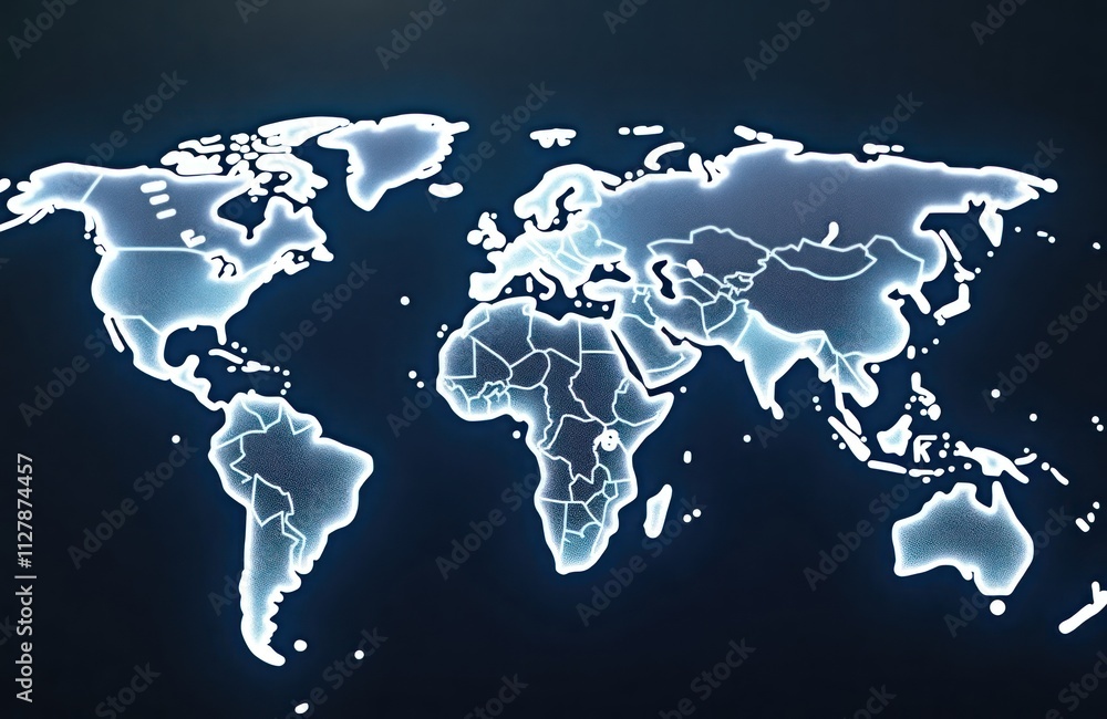 Poster global network visualization displayed as glowing digital map. world map highlighted in glowing ligh
