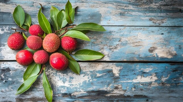 Lychees with Leaves on Wooden Surface.