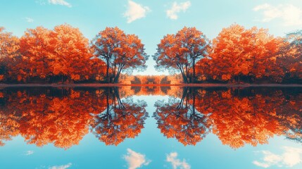 Obraz premium Stunning Autumn Landscape with Vibrant Orange Trees Reflecting Perfectly on a Calm Lake Under a Clear Blue Sky
