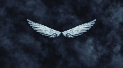 Ethereal angel wings glowing softly against dark, smoky background, creating mystical and serene atmosphere. Perfect for themes of spirituality and transcendence