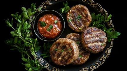 Grilled Meat Patties with Sauce and Fresh Green Herbs on Black Plate