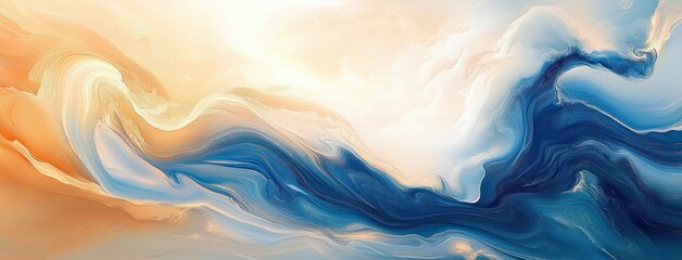 Obraz premium Abstract Fluid Art Blue Beige Marble Waves Gentle Curves Acrylic Painting Background