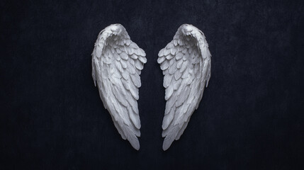 conceptual representation of angel wings glowing in dark background, symbolizing purity and hope. intricate details of feathers create serene and ethereal atmosphere