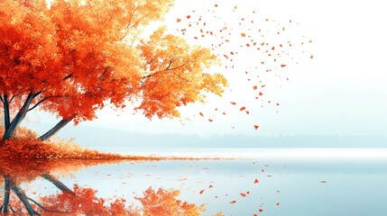 Stunning Autumn Landscape with Vibrant Orange Foliage Reflecting on a Tranquil Lake Under a Clear Sky