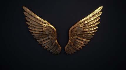 Obraz premium Golden angel wings displayed against dark background, showcasing intricate details and sense of ethereal beauty. Perfect for artistic and spiritual themes