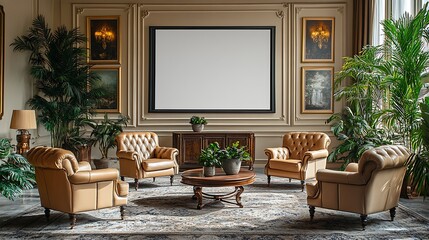 Elegant living room with leather armchairs, large blank canvas, plants, and antique paintings.