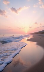 A serene sunset over a sandy beach with gentle waves lapping at the shore.