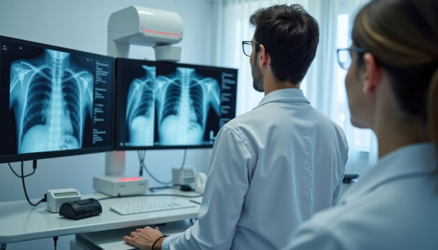 Medical professionals examine x-rays on computers in modern clinic. Healthcare staff analyze medical images. Modern tech, medical tools present. Focus on health care, diagnosis. Tech-savvy medical