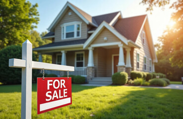 Charming suburban house. For sale sign in front yard. Sunny day. Property ready for new owner. Ideal for family. Outdoor space. Good location. House looks inviting. Modern home design. Ideal family