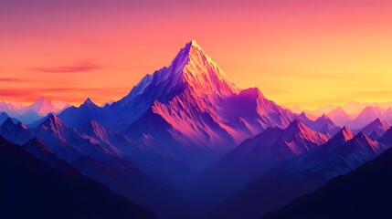 Majestic Mountain Peak Illuminated by a Vibrant Sunset in Shades of Orange and Purple, Capturing the Tranquility and Grandeur of Nature in a Dramatic and Scenic Landscape