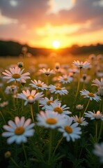 Short Description:..A field of beautiful daisies in full bloom bathed in the warm glow of a sunset. © cookiecutter
