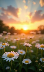 Short Description:..A field of beautiful daisies in full bloom bathed in the warm glow of a sunset. © cookiecutter
