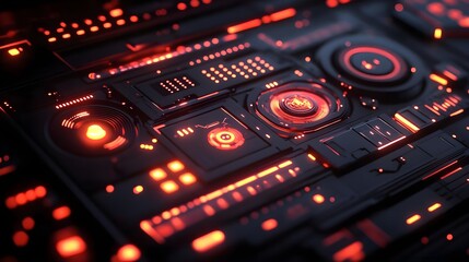 Futuristic Sci-Fi Interface with Glowing Red and Black Cyberpunk Aesthetic, High-Tech Digital Control Panel Design with Holographic Elements and Advanced User Interface Layout