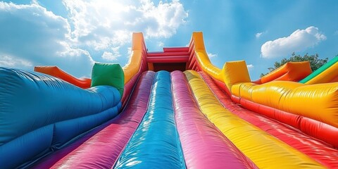 Colorful Inflatable Water Slide in Sunny Backyard for Kids Fun and Games
