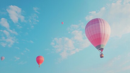 Obraz premium Colorful Hot Air Balloons Floating in Blue Sky with Clouds