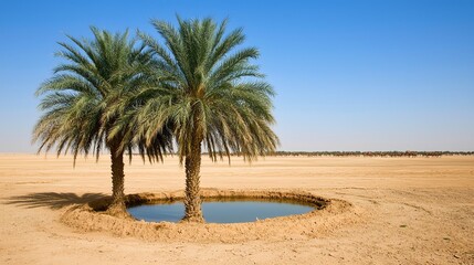 Two palm trees stand near a small pond in a vast desert landscape under a clear blue sky.