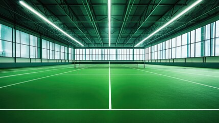Indoor Tennis Court with Green Surface and Large Windows