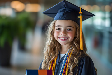 Smiling young graduate in a navy blue cap and gown with a yellow tassel and colorful cords, holding a diploma indoors. Academic milestone and celebration concept