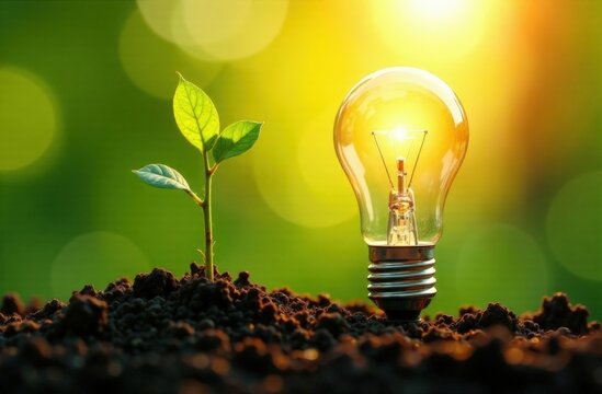 tree growing on light bulb with sunshine in nature and small plants growth stepe. saving energy and eco concept. Earth Day concept. Save the planet. Think about the
