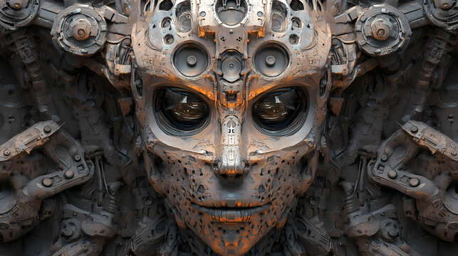 A cide view portrait of a metal robot. ai generated art. Halation. Illustration