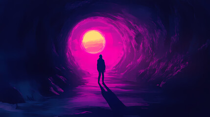 Fototapeta premium A silhouette in a mystical tunnel, illuminated by a warm, glowing light. Halation. Illustration