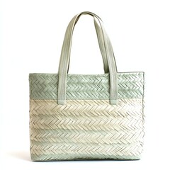 A stylish woven tote bag featuring a green and beige design, perfect for casual outings or beach trips.
