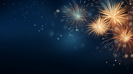 Vibrant fireworks bursting in dark blue sky on New Year’s Eve