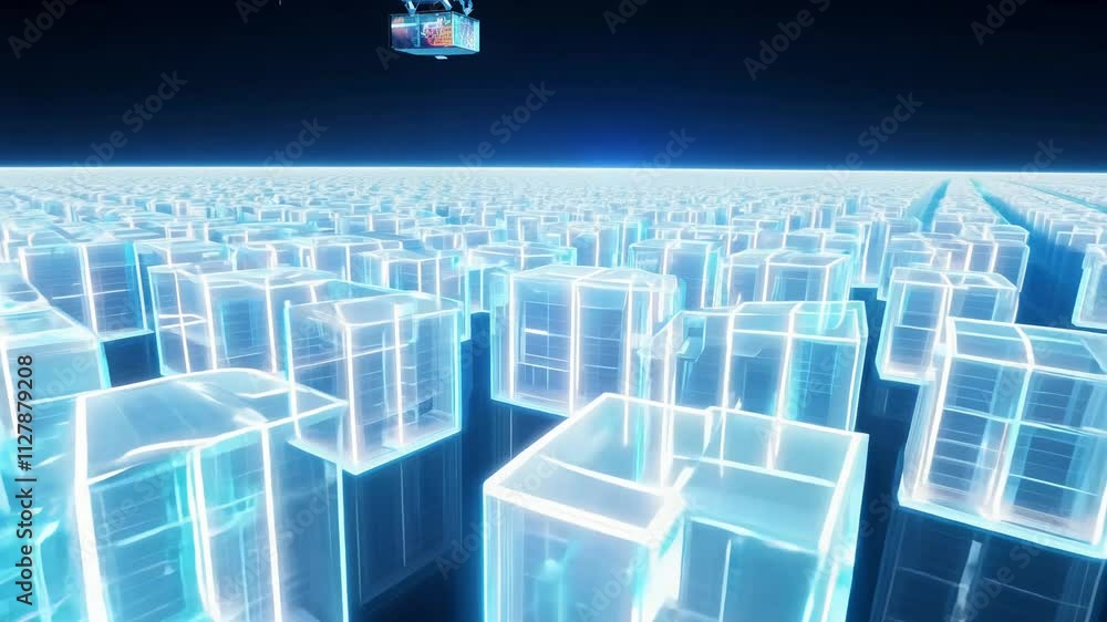 Poster camera arcs over a landscape of floating light cubes that pulse with energy, sharp lighting creates 