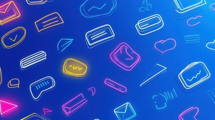 Dynamic stroke icons of chat designs with bold outlines and irregular geometric forms, scattered on a vibrant blue background
