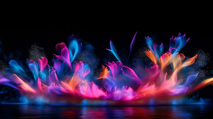 Abstract glowing floral shapes in pink, blue, and purple on black