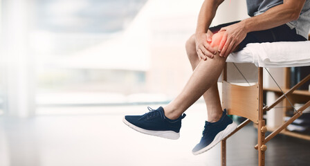 Physiotherapy, hands and knee pain with injury inflammation on bed for health consultation and...