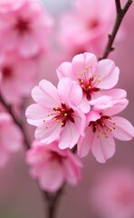 Fototapeta premium A cluster of delicate pink cherry blossoms in full bloom bathed in soft sunlight.