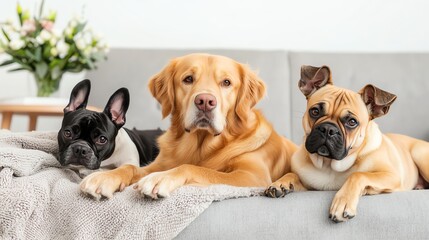 Three adorable dogs lounging on a couch, showcasing different breeds and a cozy home atmosphere with soft textures and floral decor in the background.