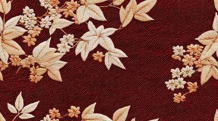 Red canvas material, pattern with leaves and plants, traditional Japanese kimono style, elegant, embroidery, curtain, bed