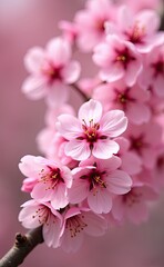 Fototapeta premium A cluster of delicate pink cherry blossoms in full bloom bathed in soft sunlight.