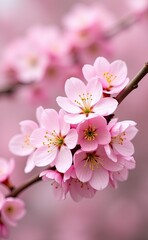 Fototapeta premium A cluster of delicate pink cherry blossoms in full bloom bathed in soft sunlight.