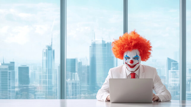 red haired clown character in business attire works on laptop in modern office with city skyline view. scene blends humor and professionalism, creating unique atmosphere