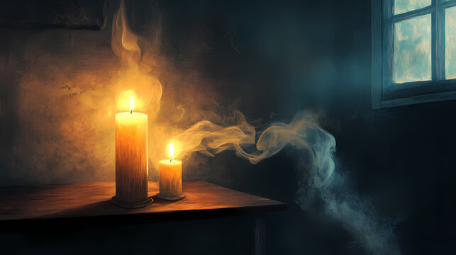 Candle smoke in house. Halation. Illustration