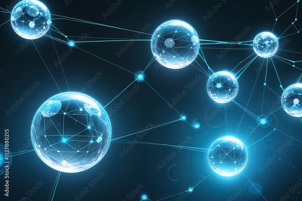 Poster digital ecosystem design with lucid orbs and threads for abstract connectivity