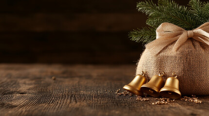 A festive scene featuring golden bells resting beside burlap sack adorned with bow and pine branches, evoking warm holiday spirit