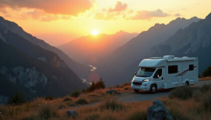 Luxury RV parked on scenic mountain landscape during sunset. Wonderful travel destinations. Adventure road trip. Mountain range in background. Calm atmosphere. Perfect for vacation weekend getaway.