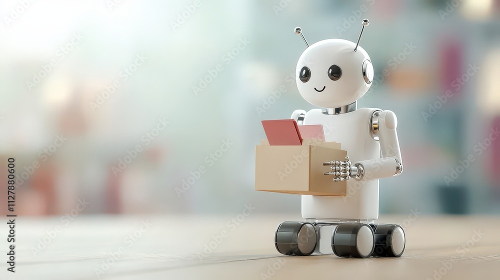 Poster cute white robotic assistant delivering packages in a bright modern setting with a cheerful expressi