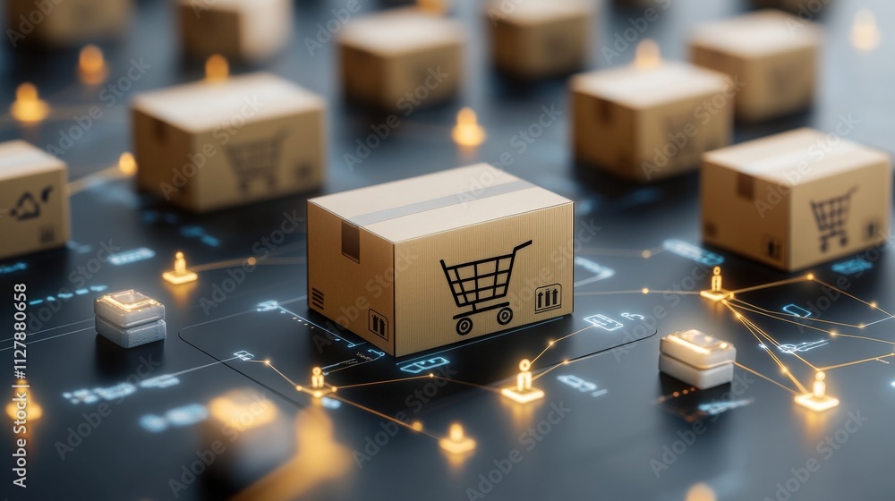 Poster digital network of e-commerce logistics featuring delivery boxes with shopping cart symbol on a glow