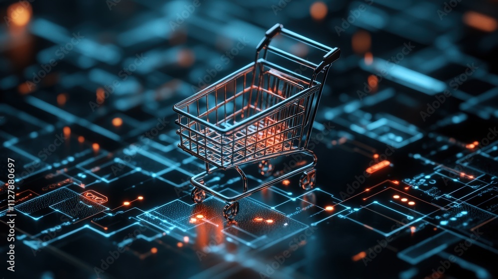 Aufkleber Digital Shopping Cart on Abstract Technology Background Representing Modern E-Commerce and Online Retail Innovation with Futuristic Elements